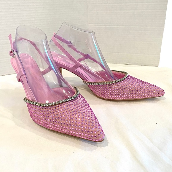 Azelea Wang Sorrel-Pink Rhinestone Slingback Kitten Heeled Pumps Size 10 - Picture 3 of 14